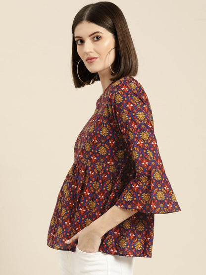 Women's Blue Floral Gathered Top