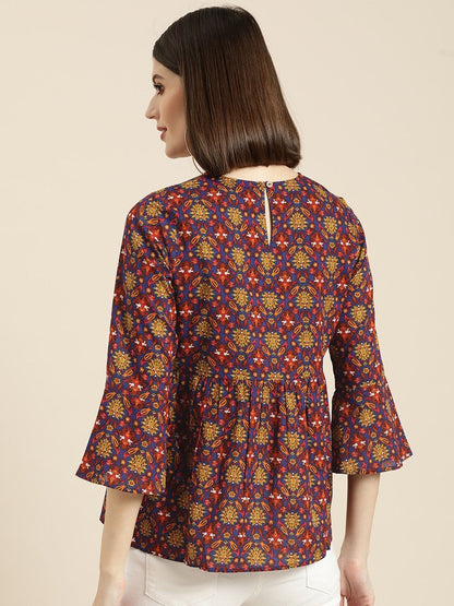 Women's Blue Floral Gathered Top