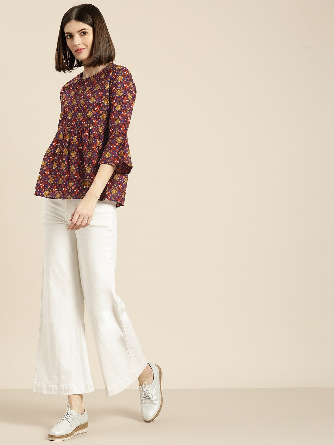 Women's Blue Floral Gathered Top