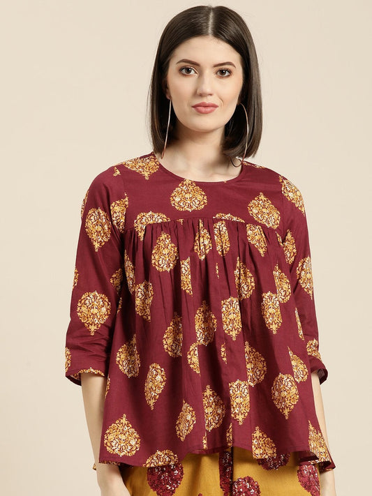 Women's Maroon Floral Booti Yoke Top