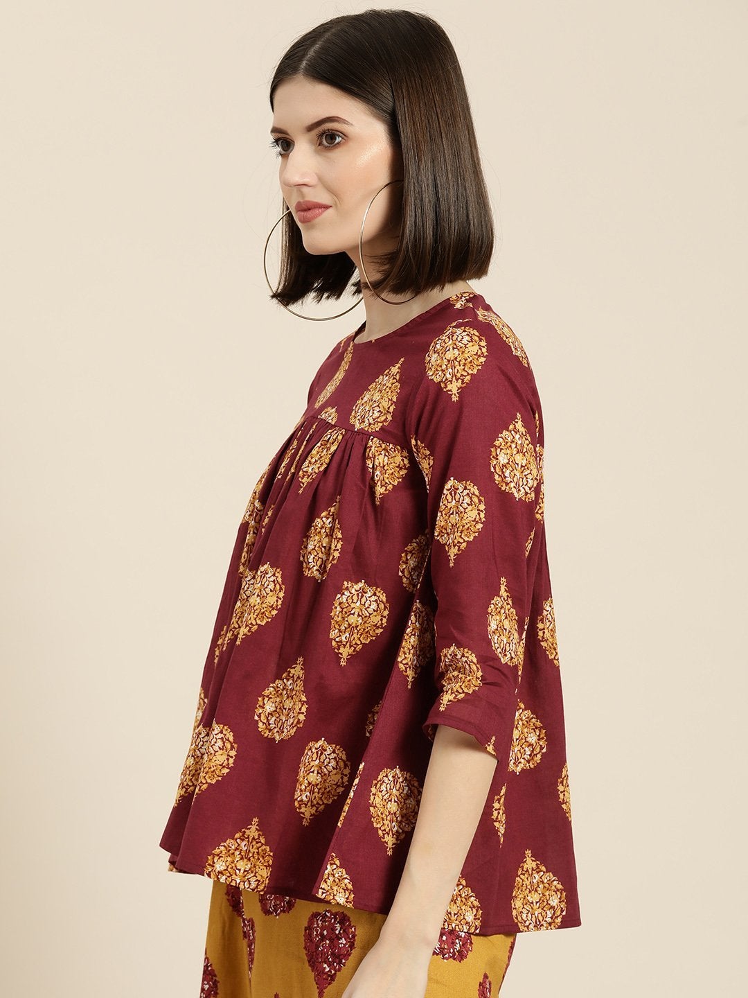 Women's Maroon Floral Booti Yoke Top