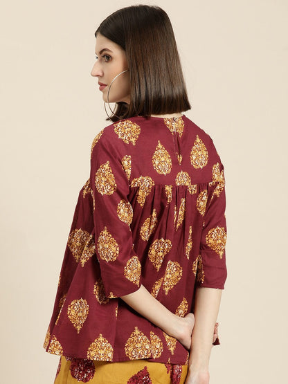 Women's Maroon Floral Booti Yoke Top