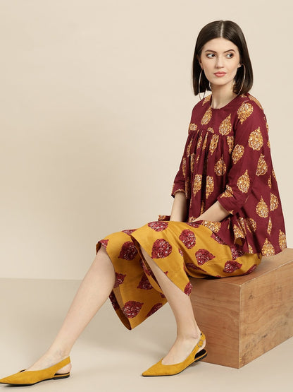 Women's Maroon Floral Booti Yoke Top