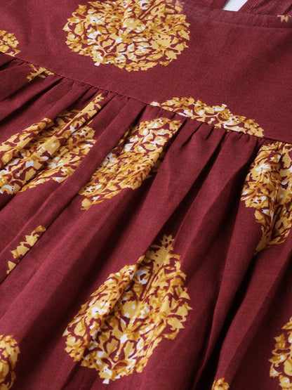 Women's Maroon Floral Booti Yoke Top