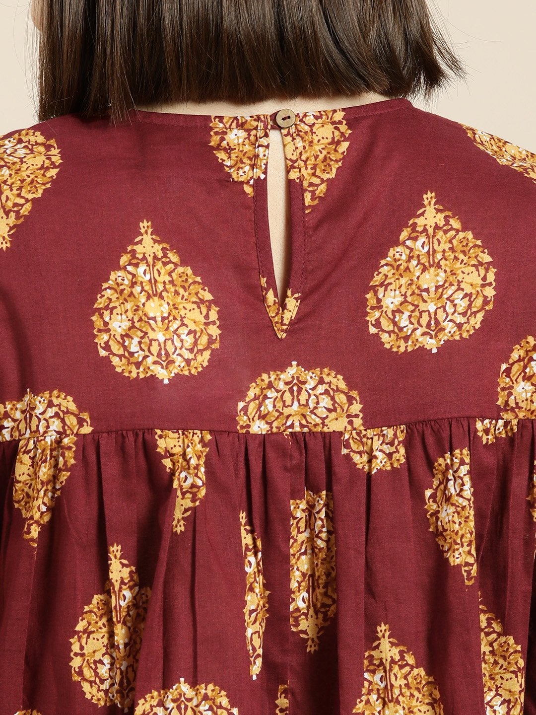 Women's Maroon Floral Booti Yoke Top