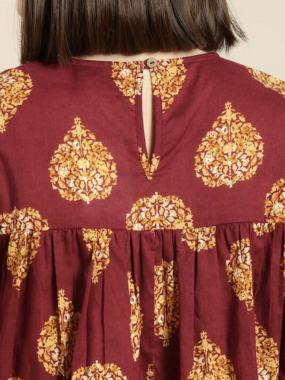 Women's Maroon Floral Booti Yoke Top