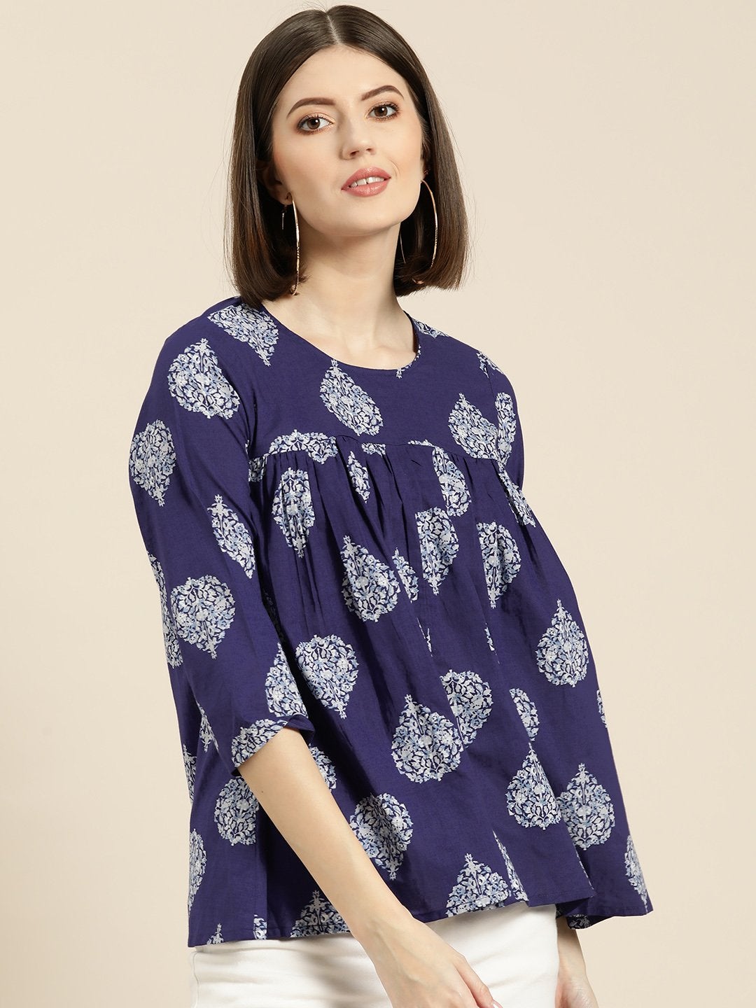 Women's Blue Floral Booti Yoke Top