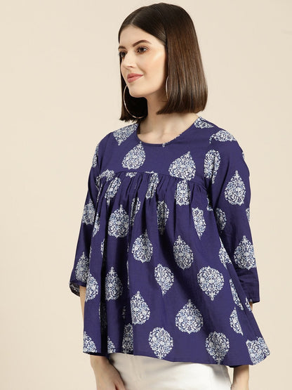 Women's Blue Floral Booti Yoke Top