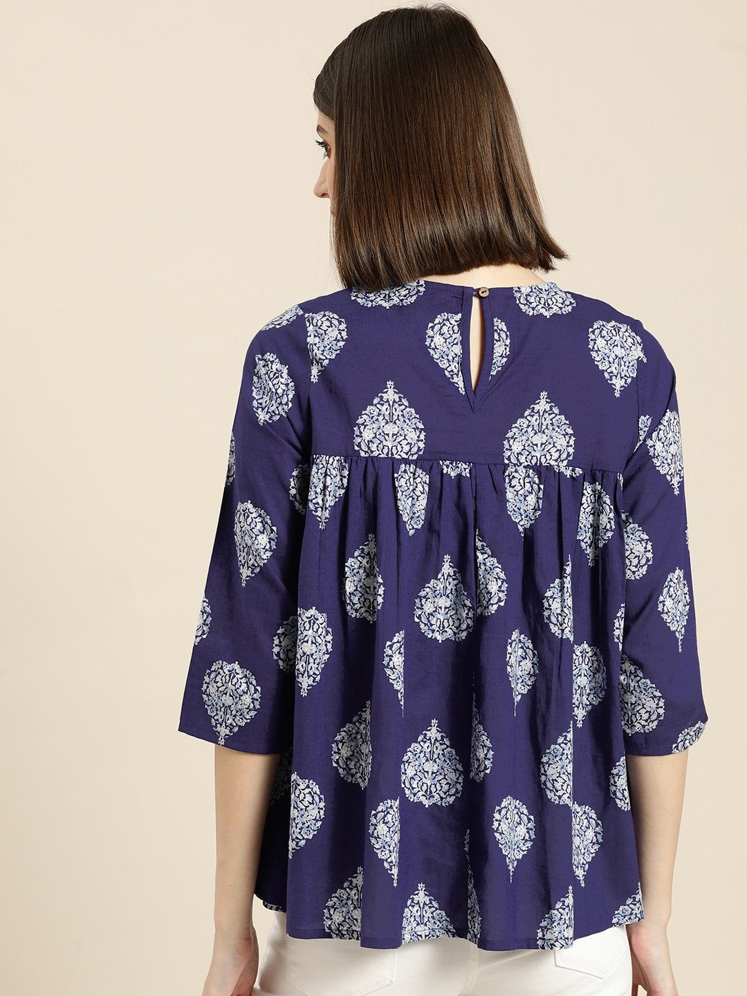 Women's Blue Floral Booti Yoke Top