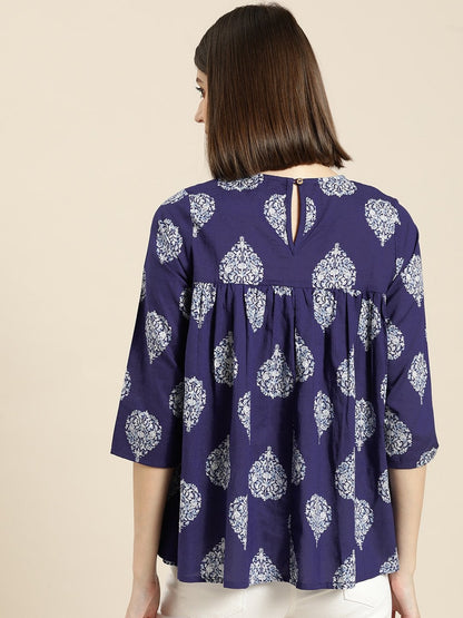 Women's Blue Floral Booti Yoke Top