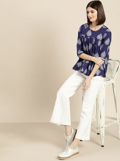 Women's Blue Floral Booti Yoke Top