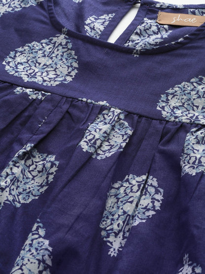 Women's Blue Floral Booti Yoke Top