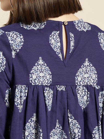 Women's Blue Floral Booti Yoke Top