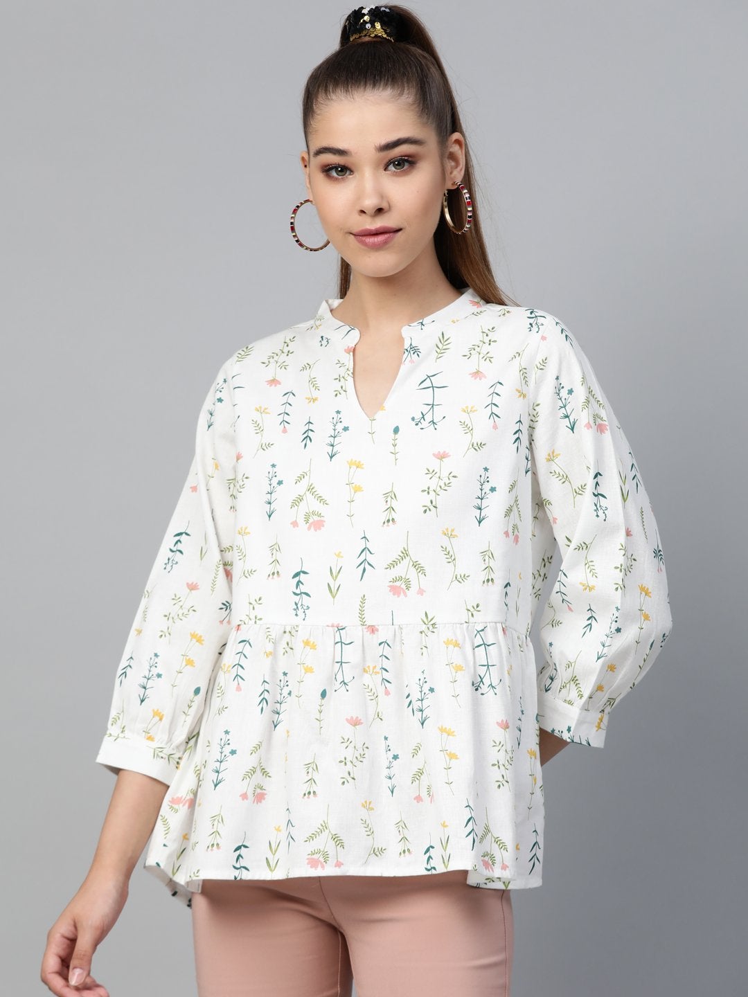Women's White Floral Peplum Top