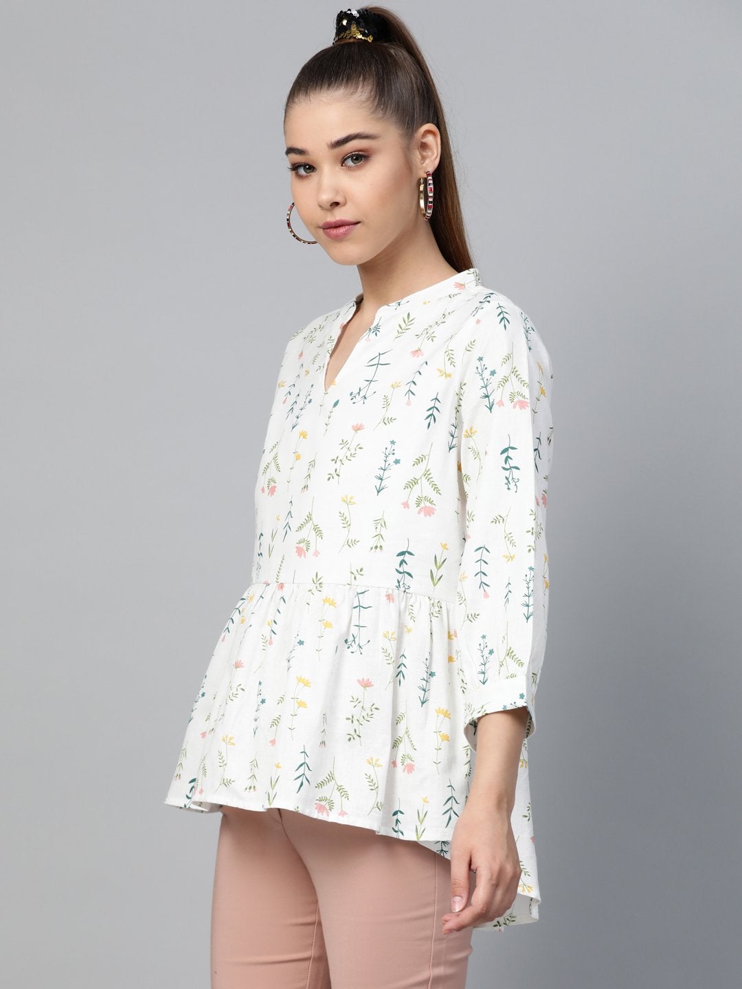 Women's White Floral Peplum Top