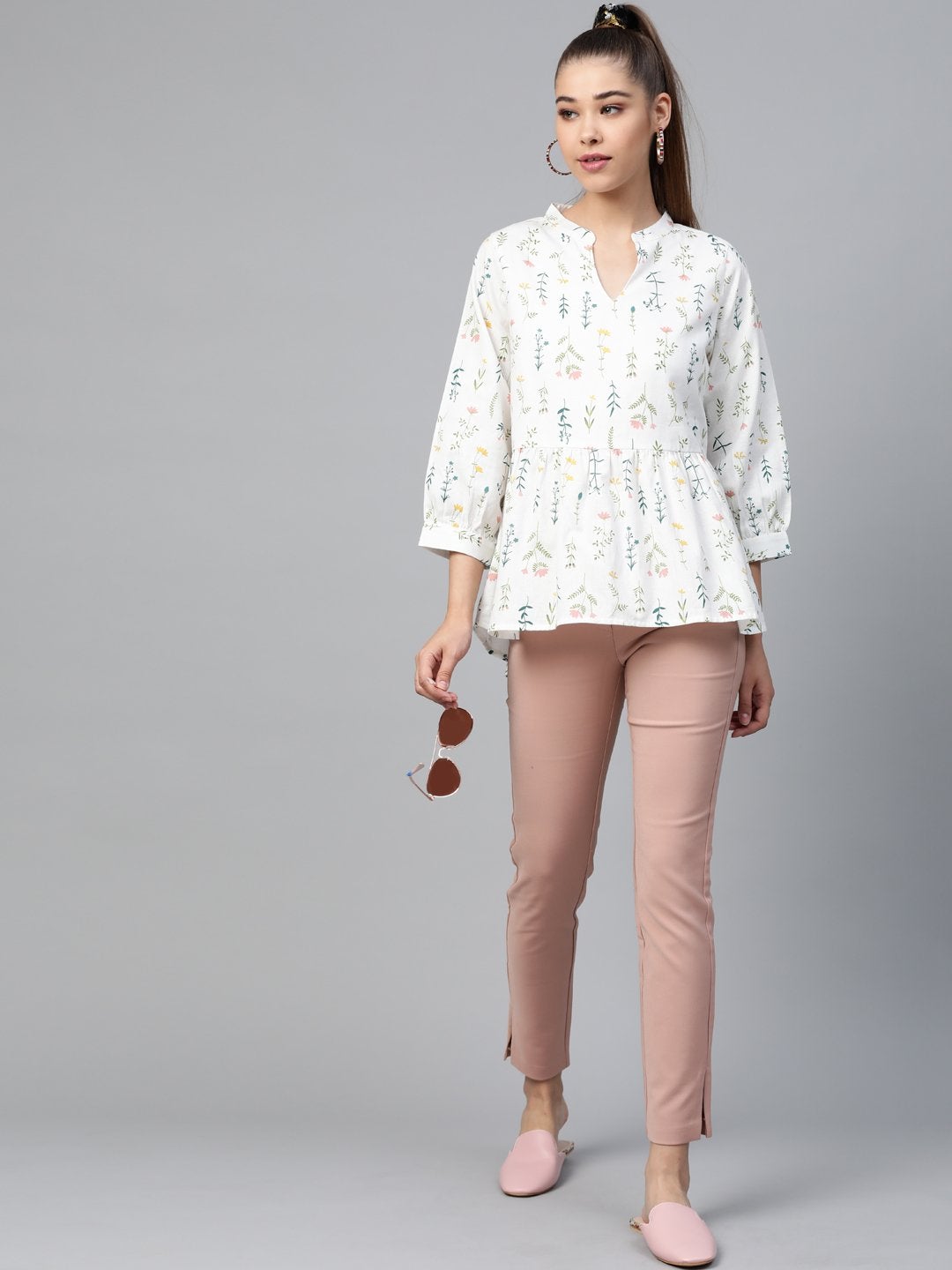 Women's White Floral Peplum Top