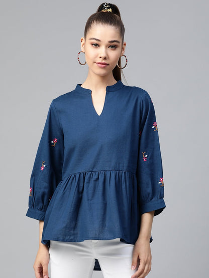 Women's Navy Embroidery Peplum Top