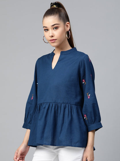 Women's Navy Embroidery Peplum Top
