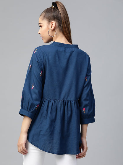 Women's Navy Embroidery Peplum Top
