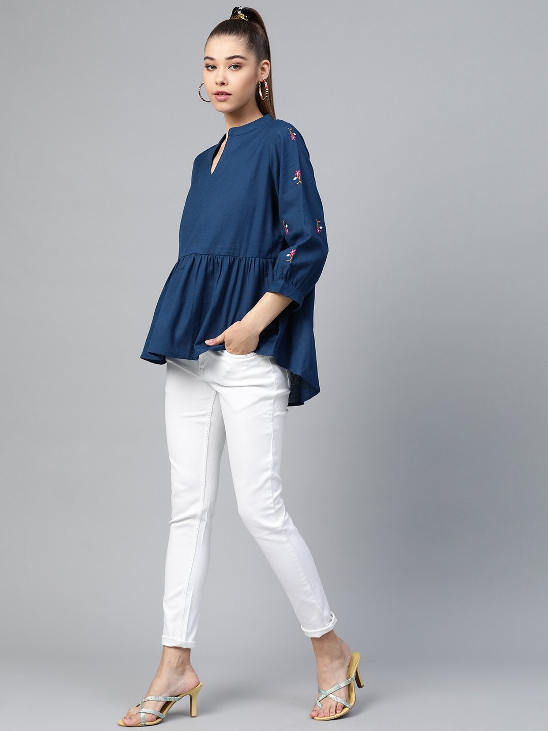 Women's Navy Embroidery Peplum Top