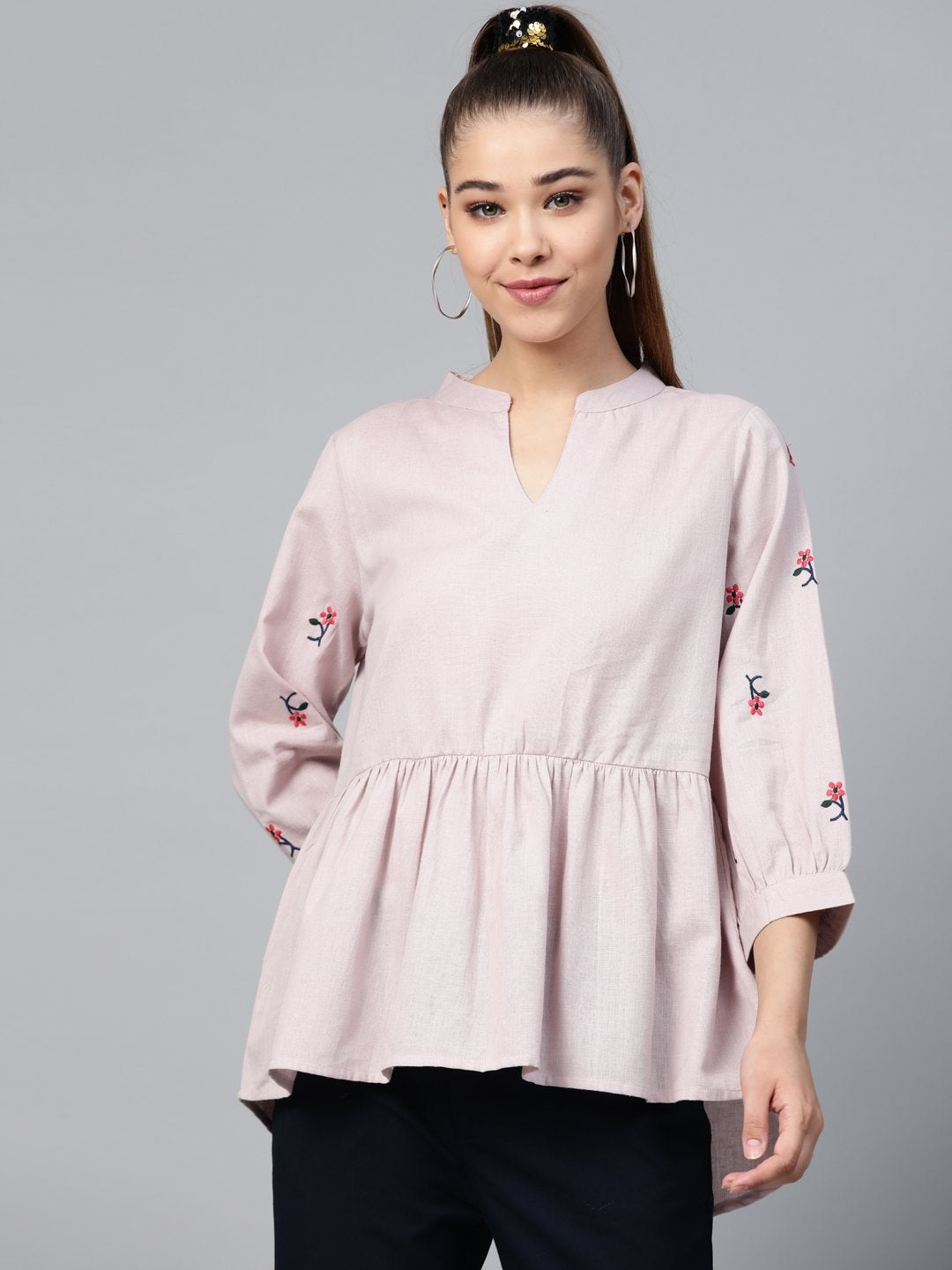 Women's Taupe Embroidery Peplum Top