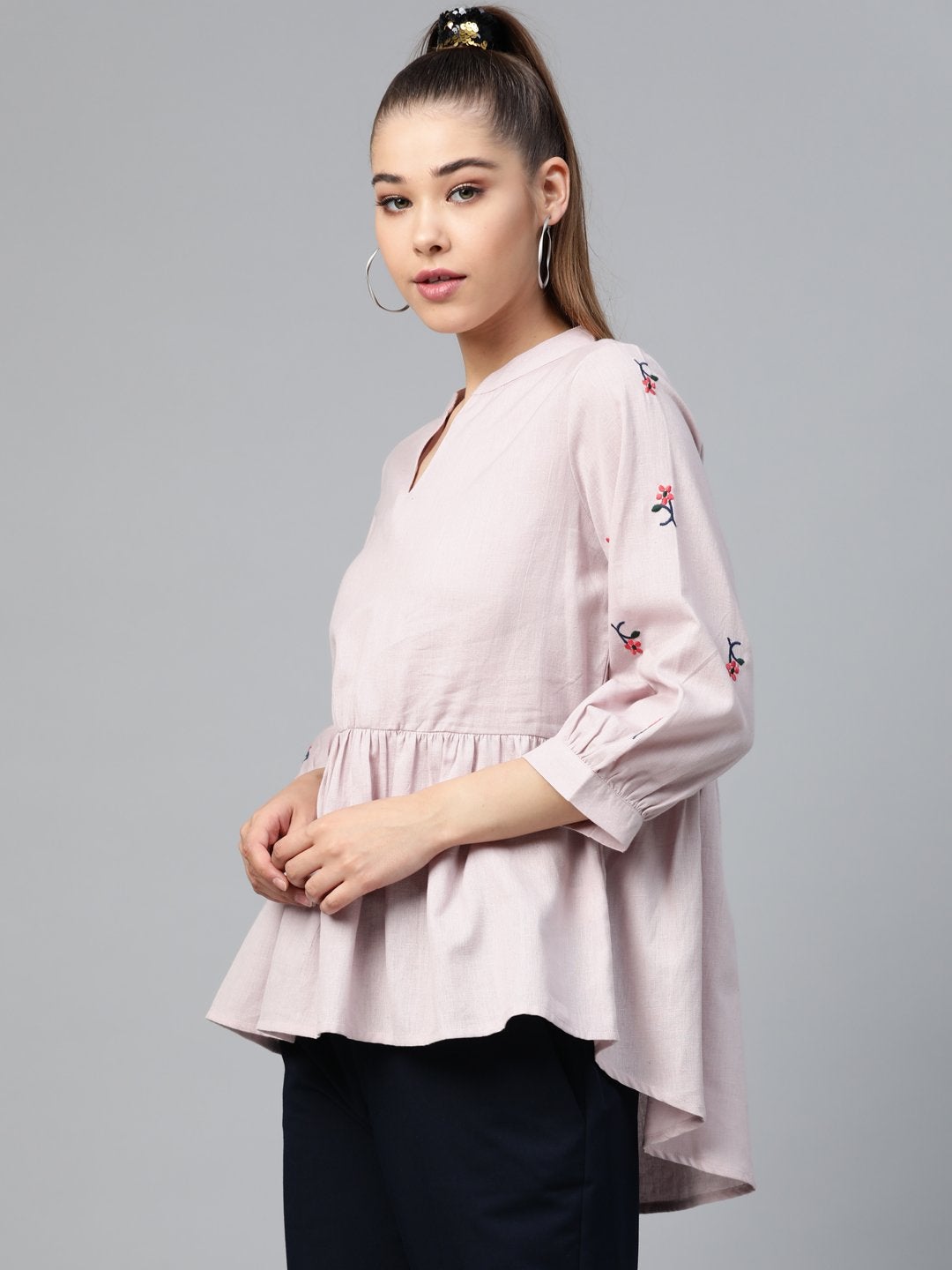 Women's Taupe Embroidery Peplum Top