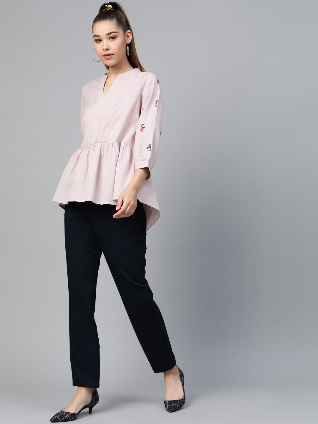 Women's Taupe Embroidery Peplum Top