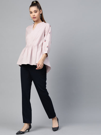 Women's Taupe Embroidery Peplum Top
