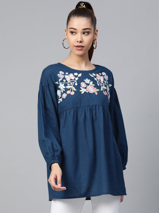 Women's Navy Yoke Embroidery Top