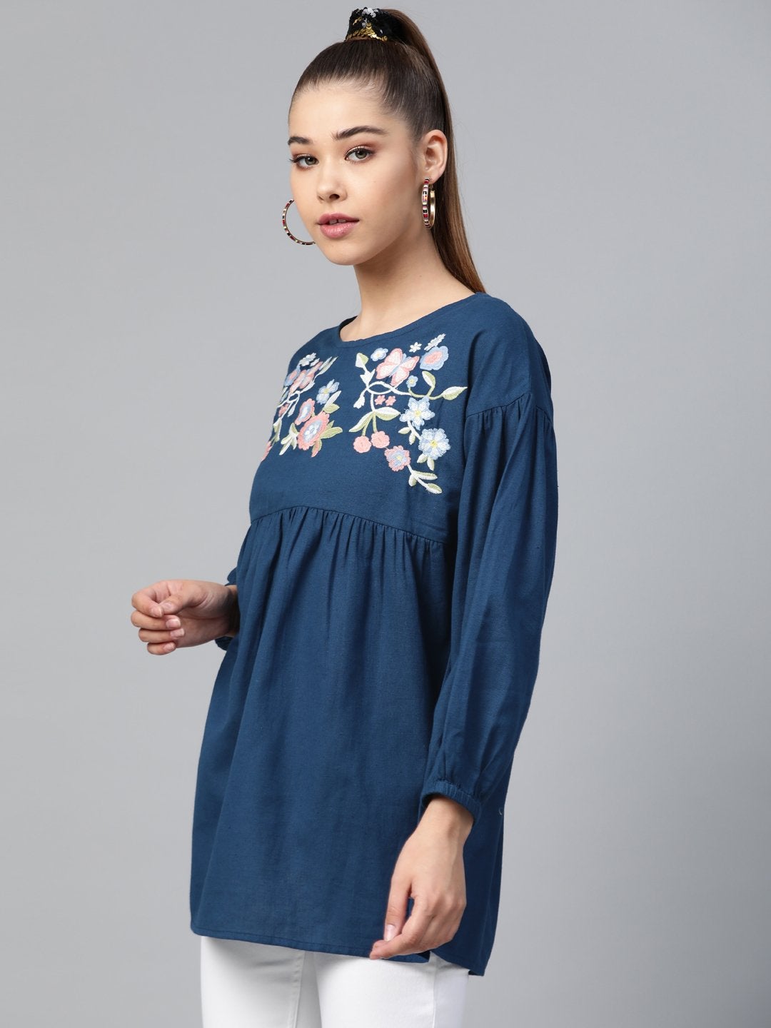 Women's Navy Yoke Embroidery Top
