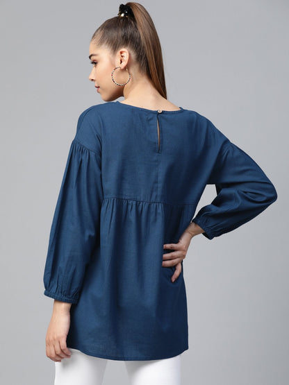 Women's Navy Yoke Embroidery Top