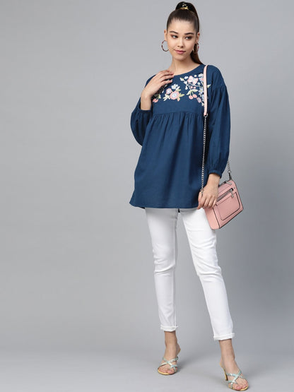 Women's Navy Yoke Embroidery Top