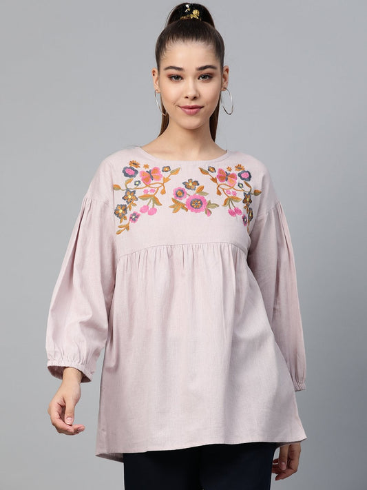 Women's Taupe Yoke Embroidery Top