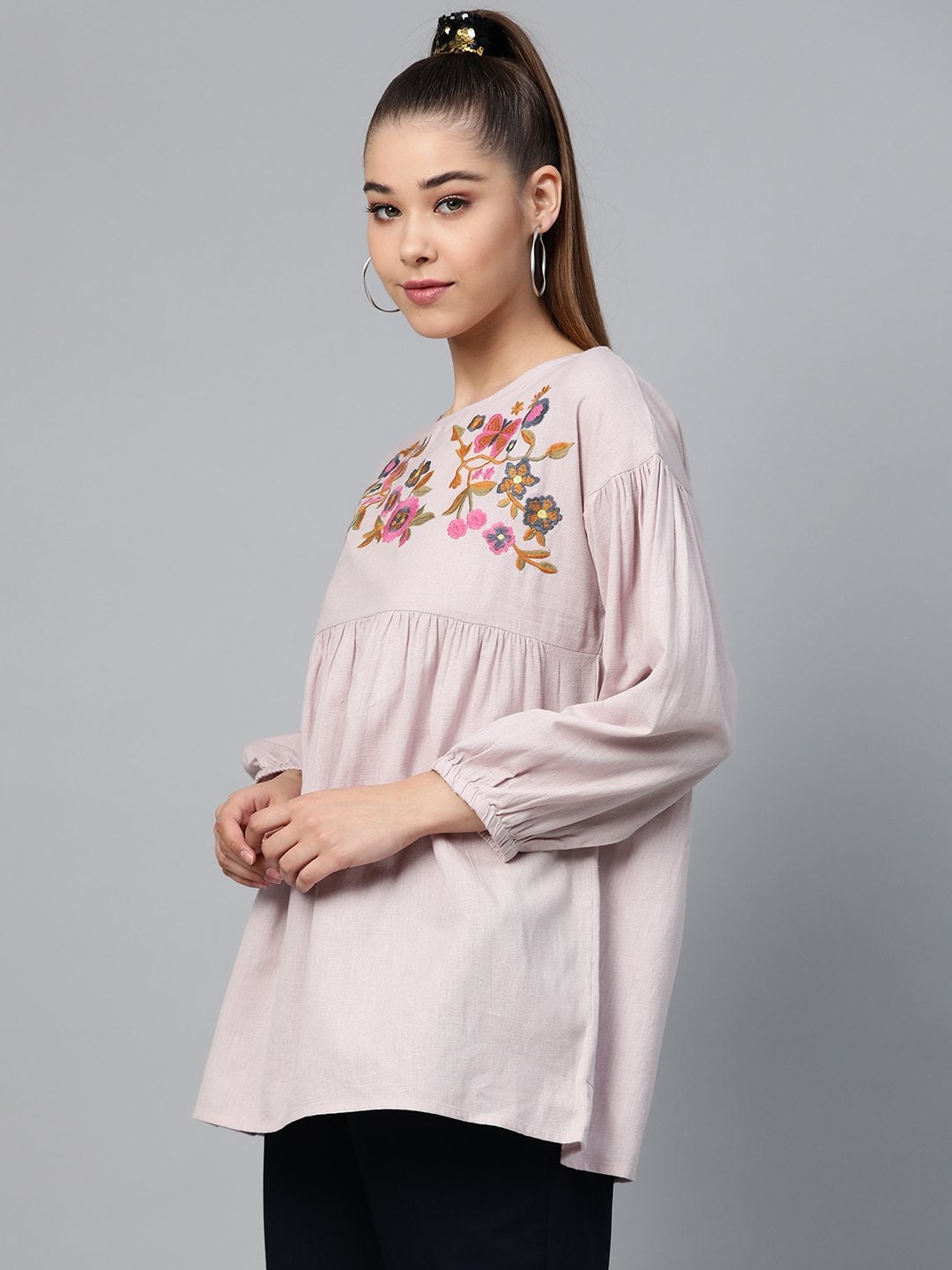 Women's Taupe Yoke Embroidery Top
