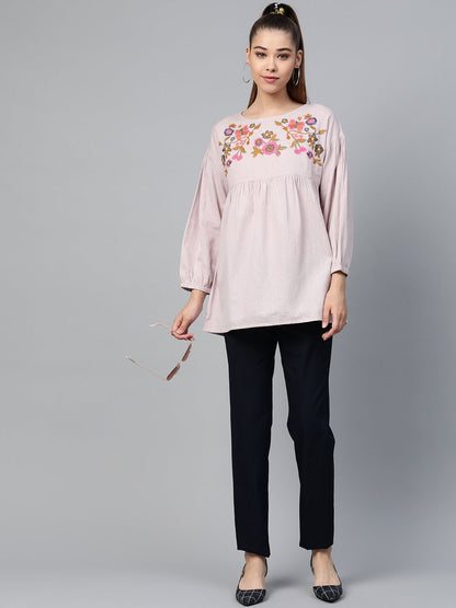 Women's Taupe Yoke Embroidery Top