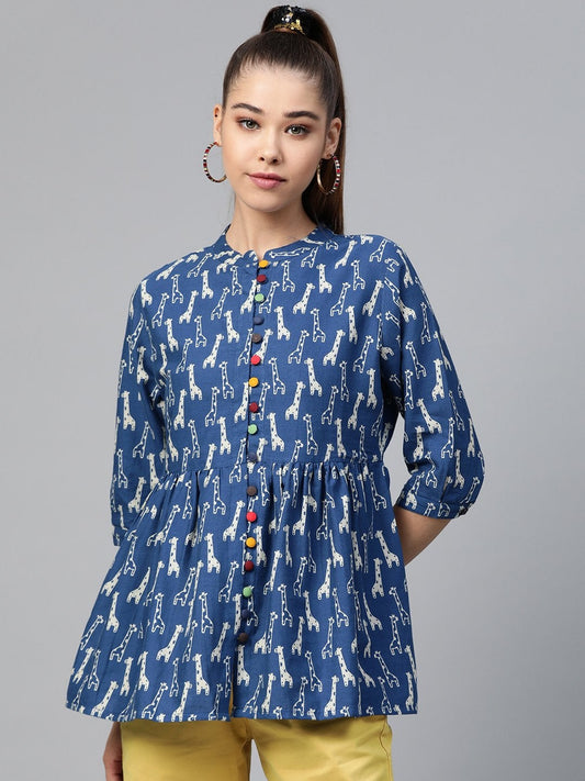 Women's Blue Giraffe Print Gathered Top