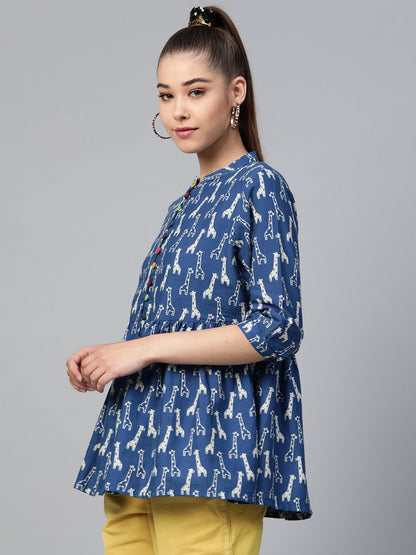 Women's Blue Giraffe Print Gathered Top