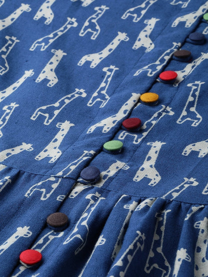 Women's Blue Giraffe Print Gathered Top