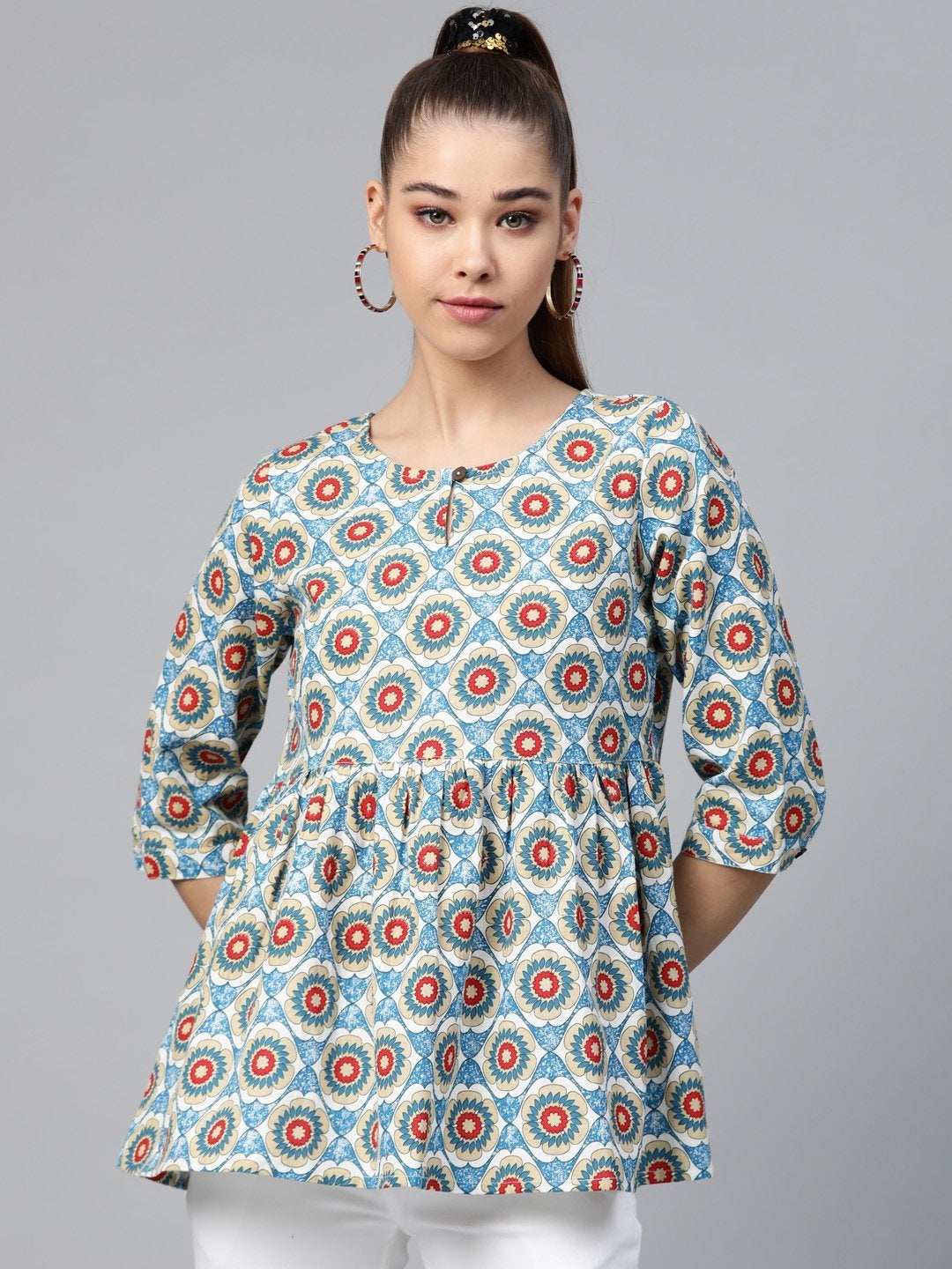 Women's Blue Floral Peplum Top