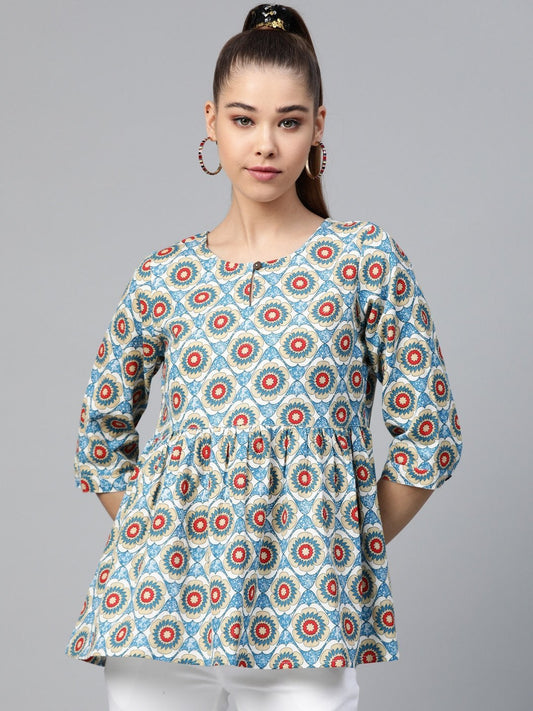 Women's Blue Floral Peplum Top