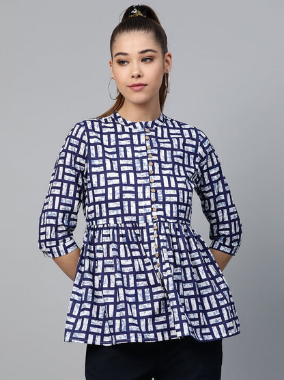 Women's Navy Geo Print Gathered Top