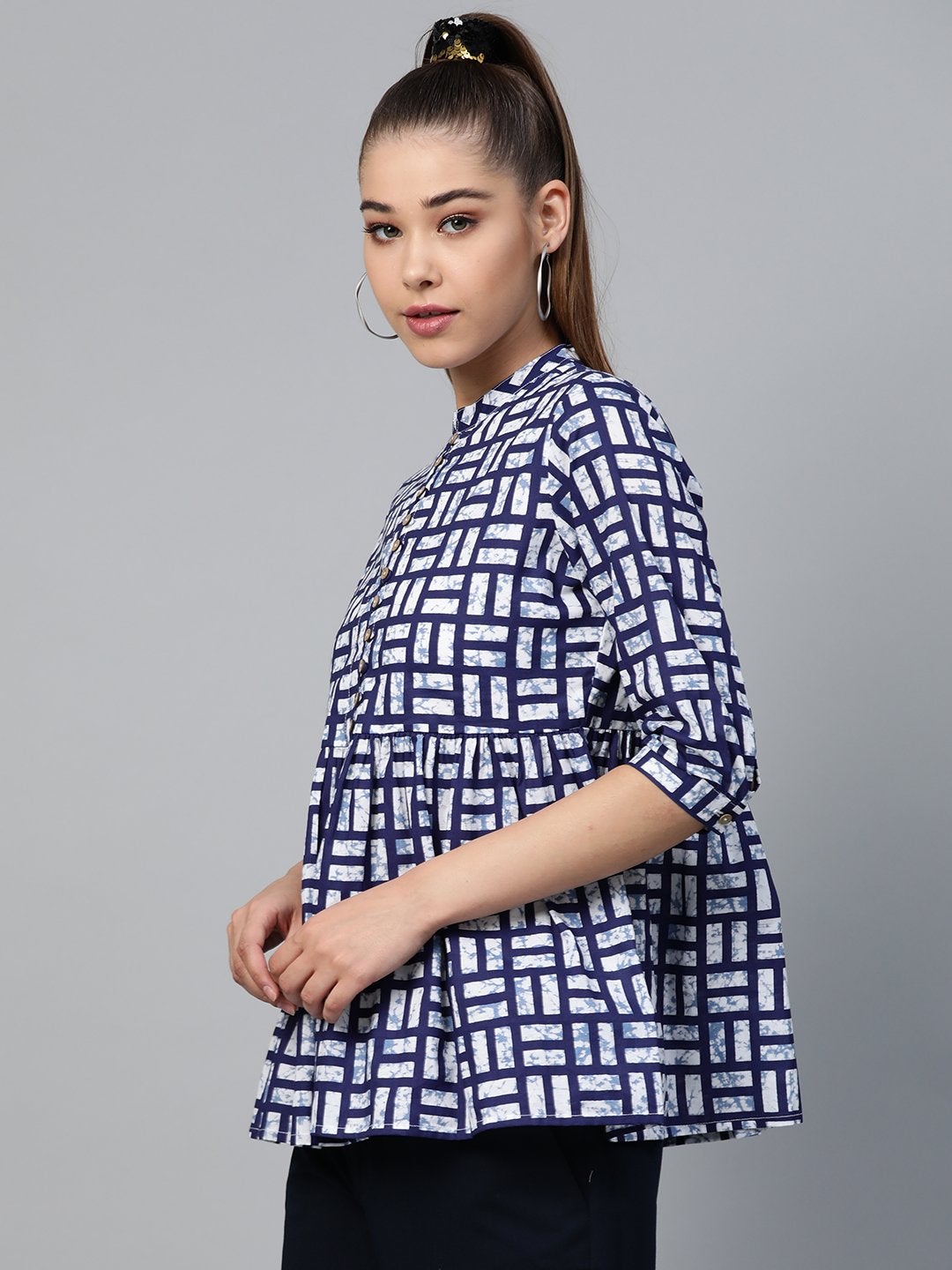 Women's Navy Geo Print Gathered Top