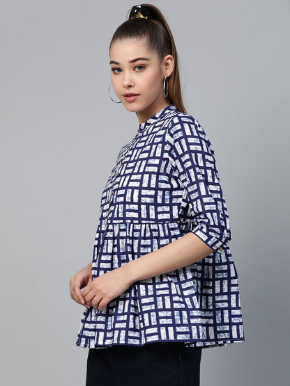 Women's Navy Geo Print Gathered Top