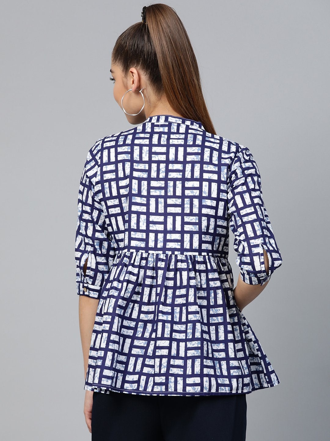 Women's Navy Geo Print Gathered Top