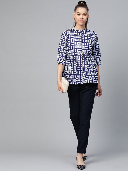 Women's Navy Geo Print Gathered Top