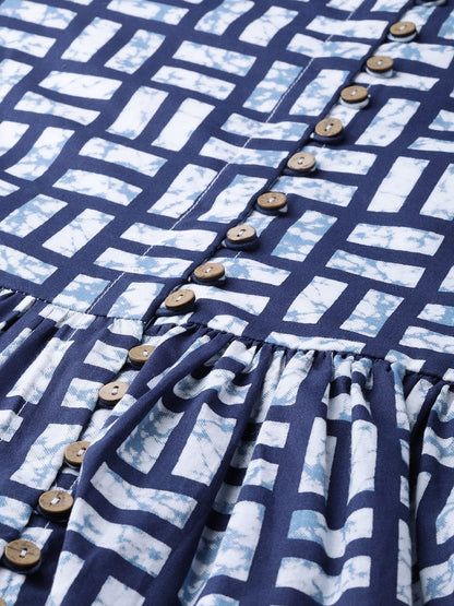Women's Navy Geo Print Gathered Top