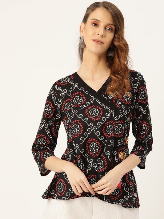 Women's Black Bandhej Angrakha Top
