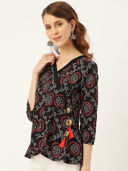 Women's Black Bandhej Angrakha Top