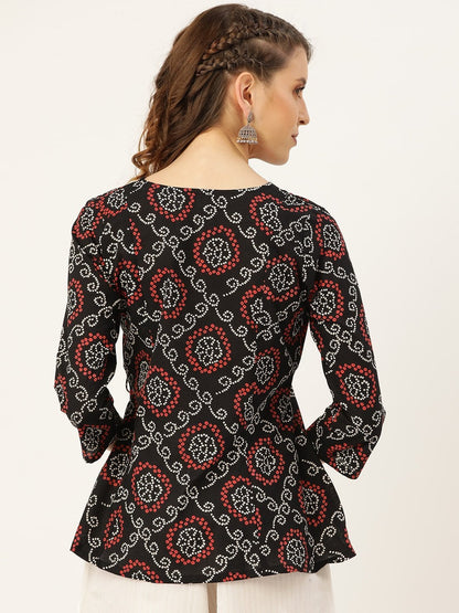 Women's Black Bandhej Angrakha Top