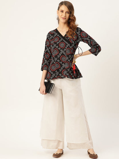Women's Black Bandhej Angrakha Top